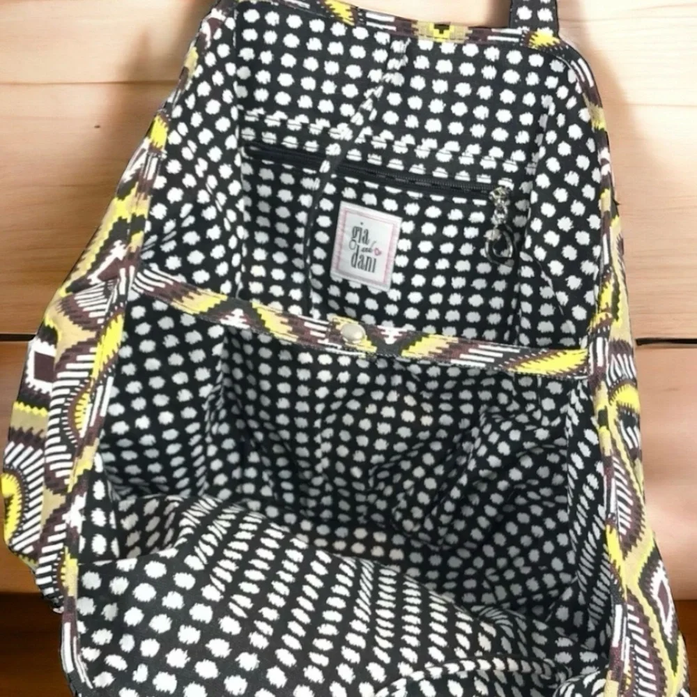Gia & Dani Canvas Reversible Bucket Tote Bag Large Tribal Print Polka Dots
